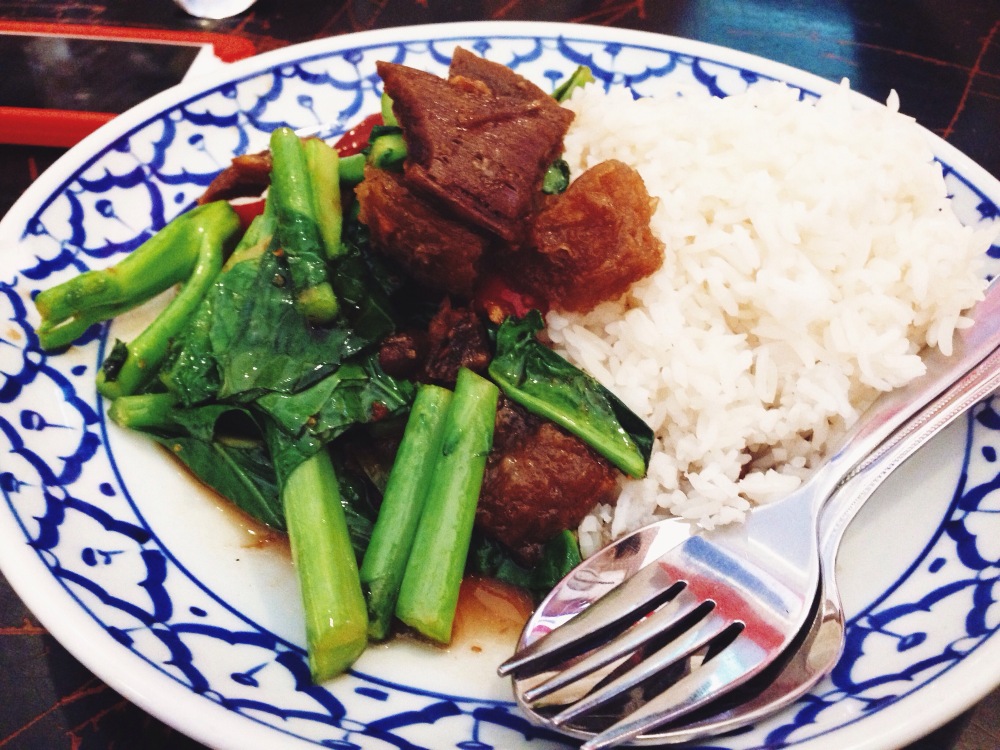 Pork belly with Chinese broccoli and rice