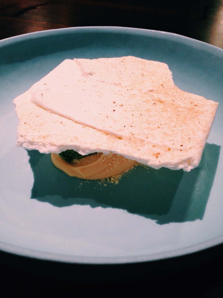 9th course: sweet corn meringue, chervil sorbet, anise on a blob of sweet corn custard.